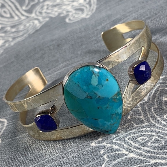 Turquoise and blue stone sterling silver bracelet - Picture 2 of 7